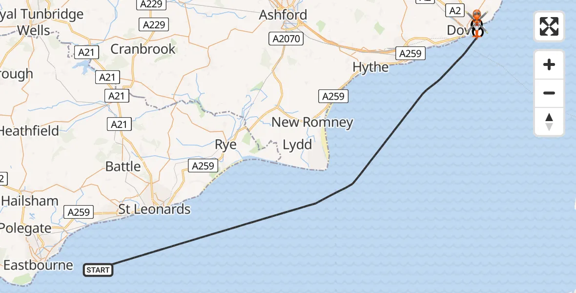 Flight path map showing Coastguard Helicopter route from English Channel to Langdon Battery Heliport
