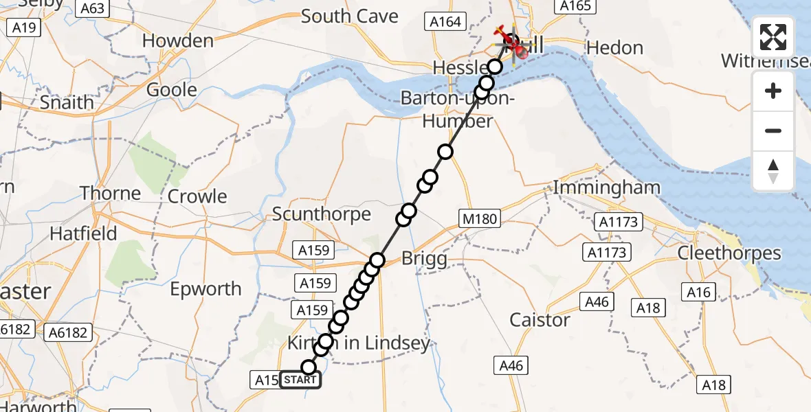 Routekaart van de vlucht: Air Ambulance Helicopter to Hull Royal Infirmary