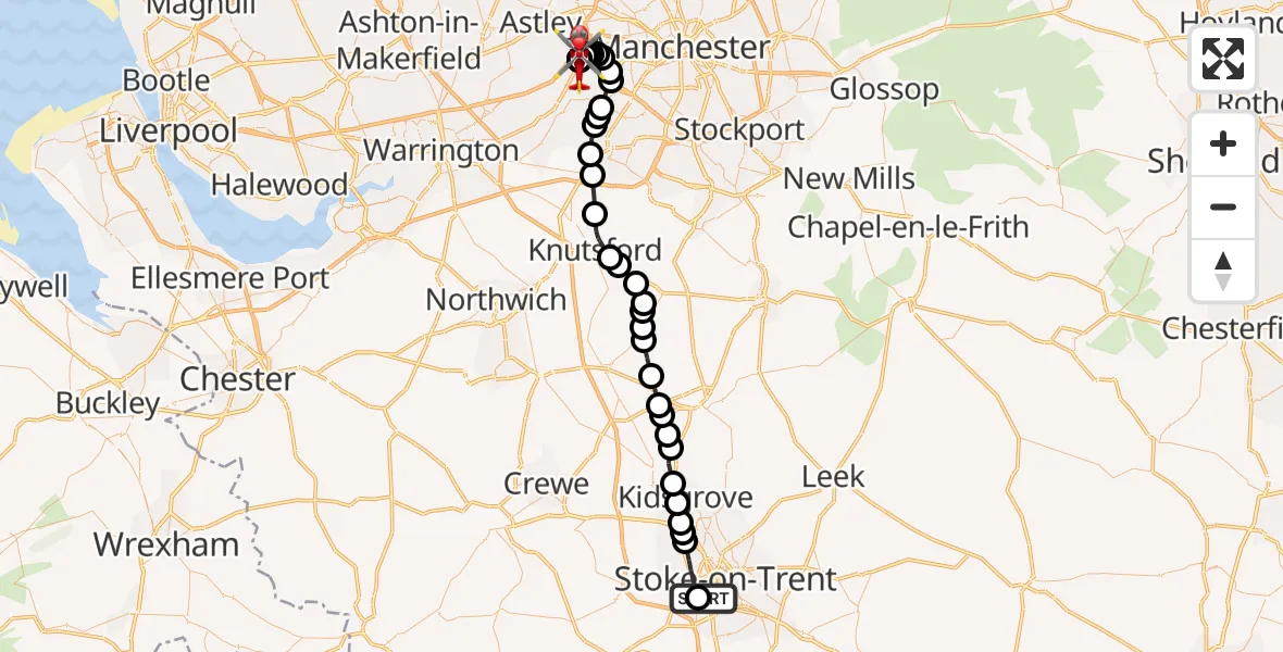 Flight path map showing Air Ambulance Helicopter route from University Hospital North Staffs to Irlam