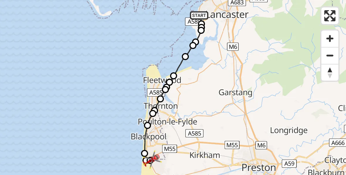 Flight path map showing Air Ambulance Helicopter route from Lancaster to Blackpool Airport