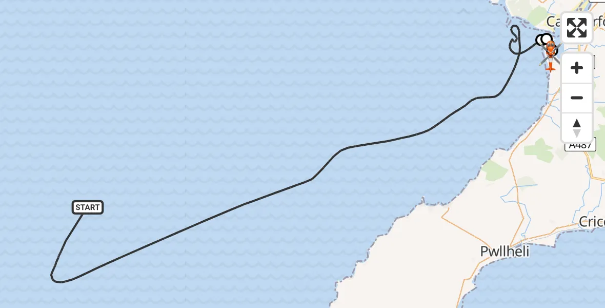 Flight path map showing Coastguard Helicopter route from Irish Sea to Caernarfon Airport