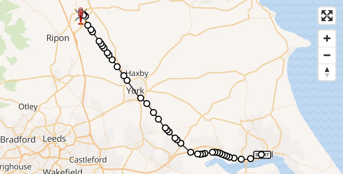 Flight path map showing Air Ambulance Helicopter route from Hull Royal Infirmary to RAF Topcliffe