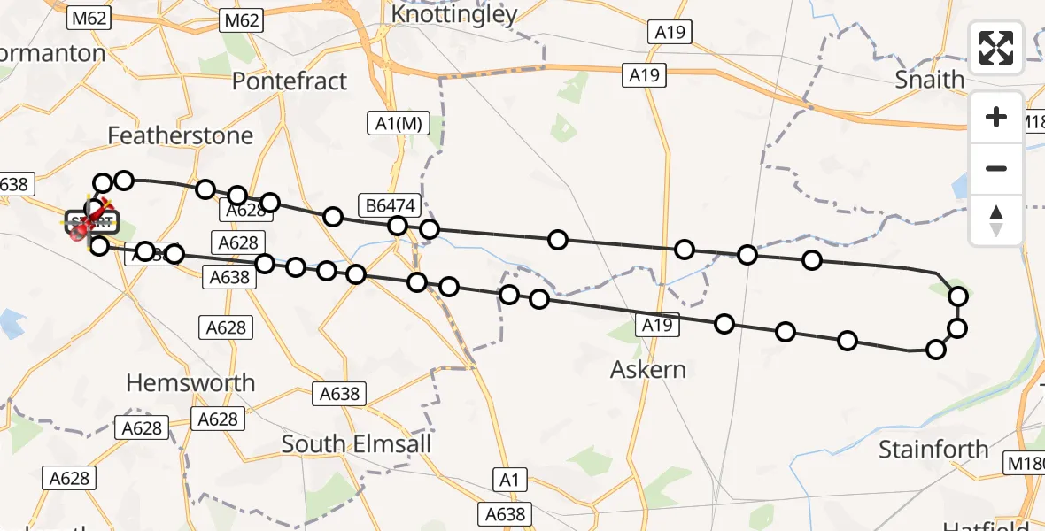 Flight path map showing Air Ambulance Helicopter route from YAA Nostell Helicopter Port to YAA Nostell Helicopter Port