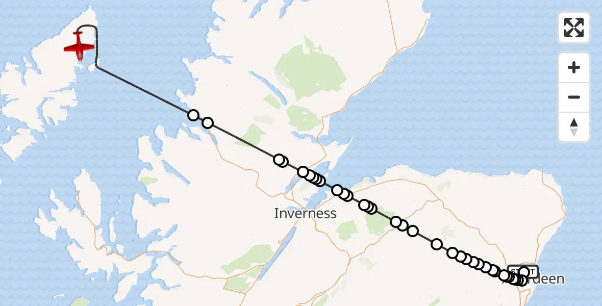 Flight path map showing Air Ambulance Aircraft route from Aberdeen International Airport to Inner Seas