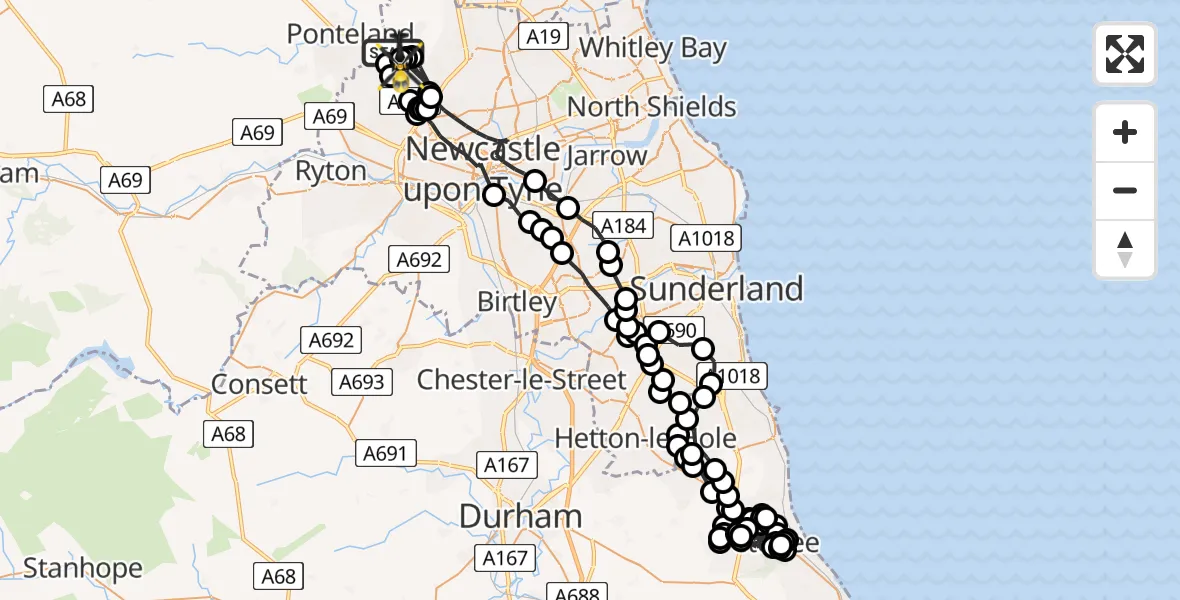 Flight path map showing Police Helicopter route from Newcastle International Airport to Newcastle International Airport