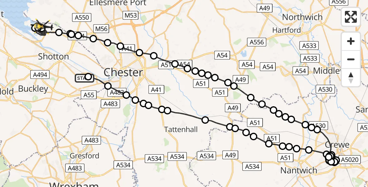 Flight path map showing Police Helicopter route from Hawarden Airport to Connah's Quay