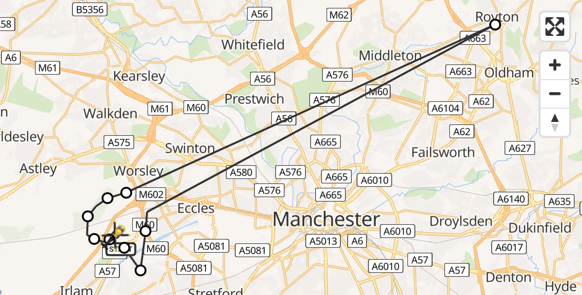 Flight path map showing Police Helicopter route from Manchester Barton Aerodrome to Manchester Barton Aerodrome