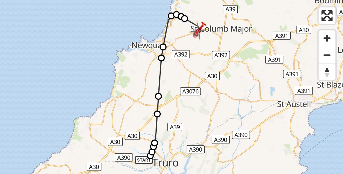 Flight path map showing Air Ambulance Helicopter route from Treliske Hospital to Cornwall Airport Newquay
