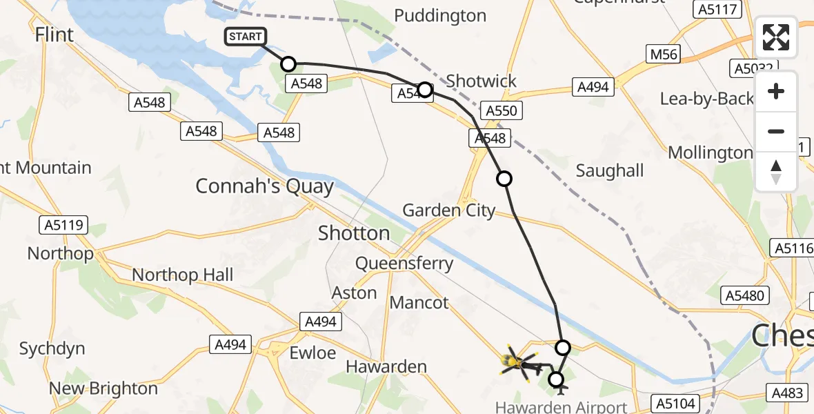 Flight path map showing Police Helicopter route from Flint to Sandycroft