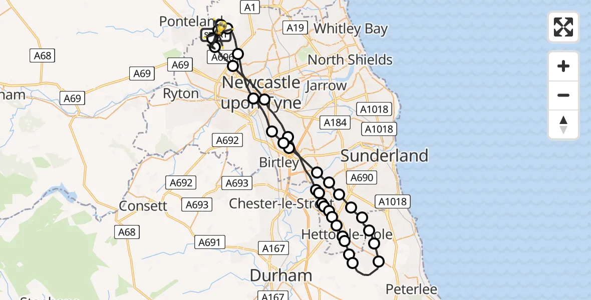 Flight path map showing Police Helicopter route from Newcastle International Airport to Newcastle International Airport