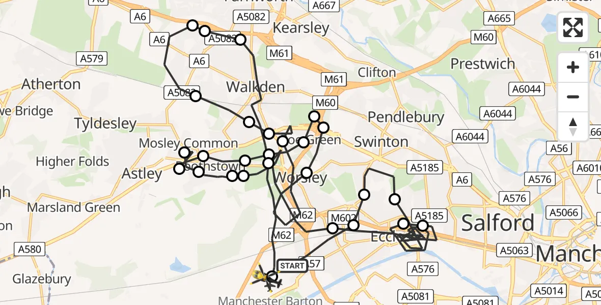 Flight path map showing Police Helicopter route from Worsley to Manchester Barton Aerodrome