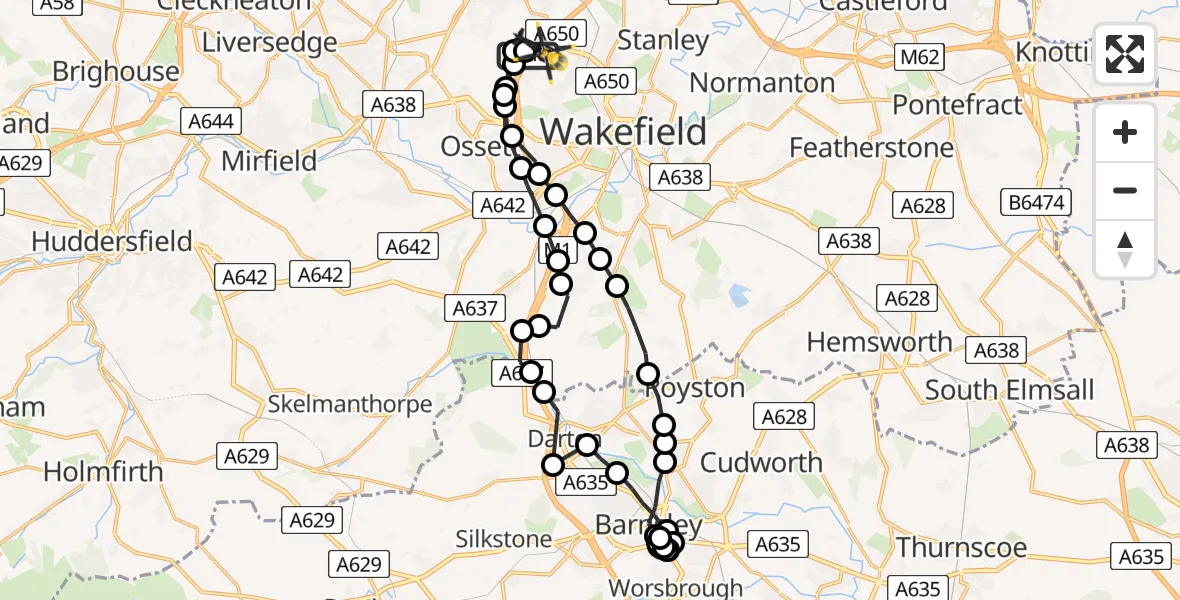 Flight path map showing Police Helicopter route from East Ardsley to East Ardsley