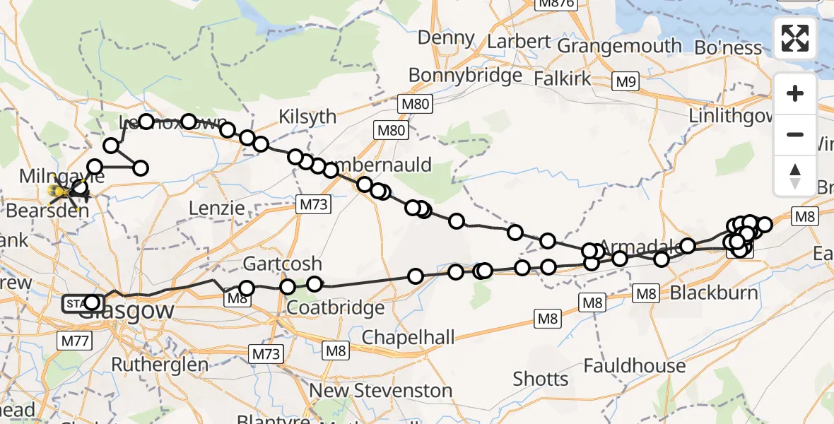 Flight path map showing Police Helicopter route from Glasgow City Heliport to Bearsden
