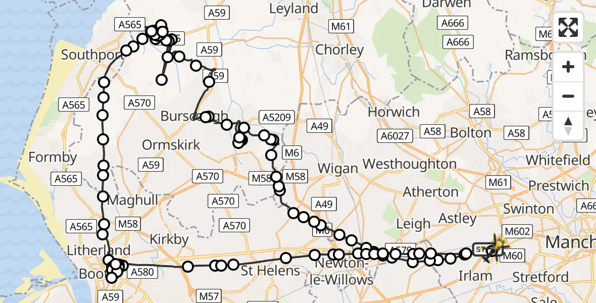 Flight path map showing Police Helicopter route from Irlam to Manchester Barton Aerodrome