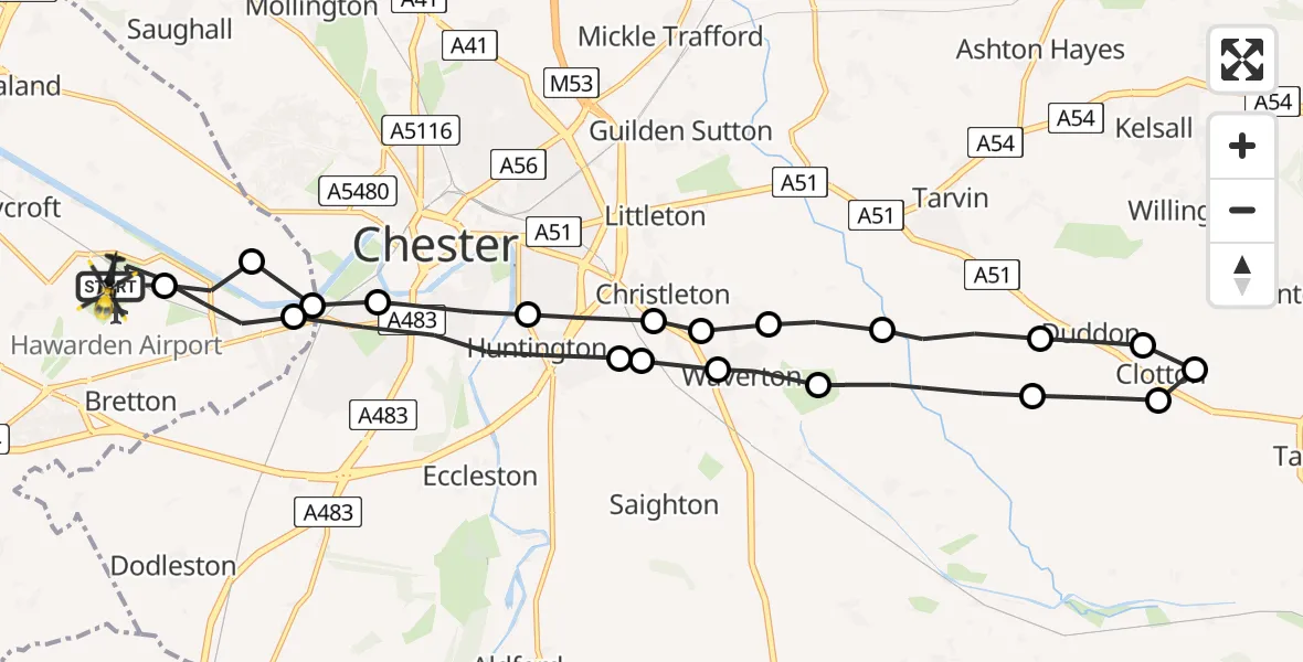 Flight path map showing Police Helicopter route from Hawarden Airport to Hawarden Airport