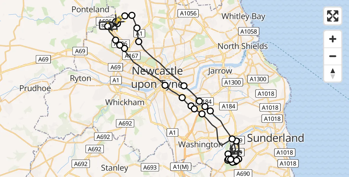 Flight path map showing Police Helicopter route from Newcastle International Airport to Newcastle International Airport