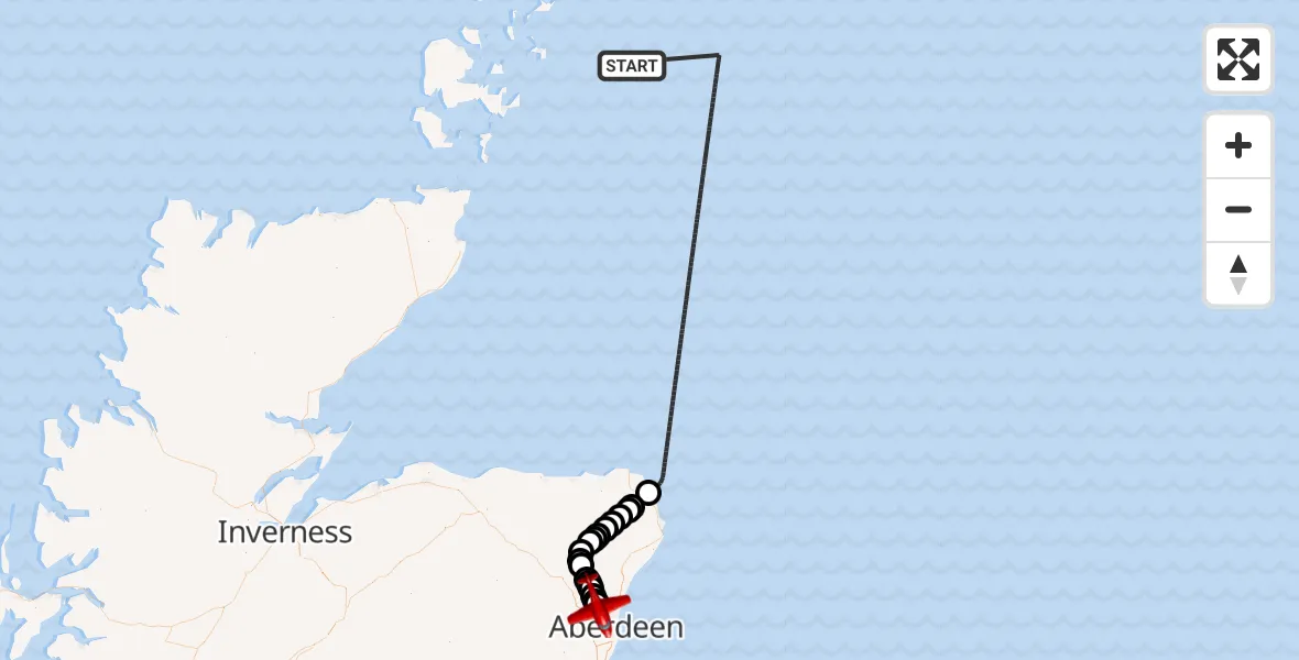 Flight path map showing Air Ambulance Aircraft route from North Sea to Aberdeen City