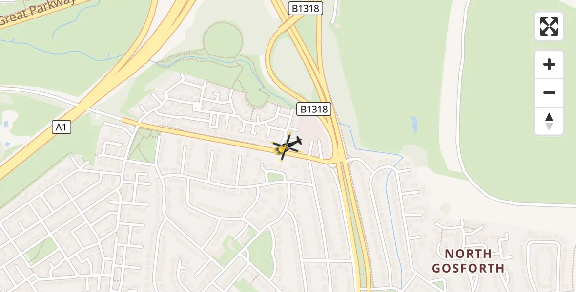 Flight path map showing Police Helicopter route from Hazlerigg Village to Hazlerigg Village