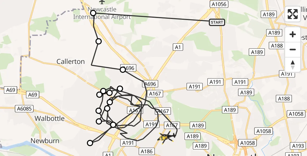 Flight path map showing Police Helicopter route from Hazlerigg Village to Newcastle upon Tyne