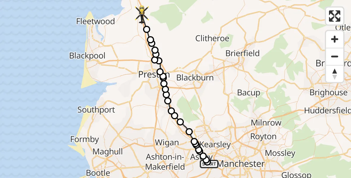 Flight path map showing Police Helicopter route from Irlam to Scorton
