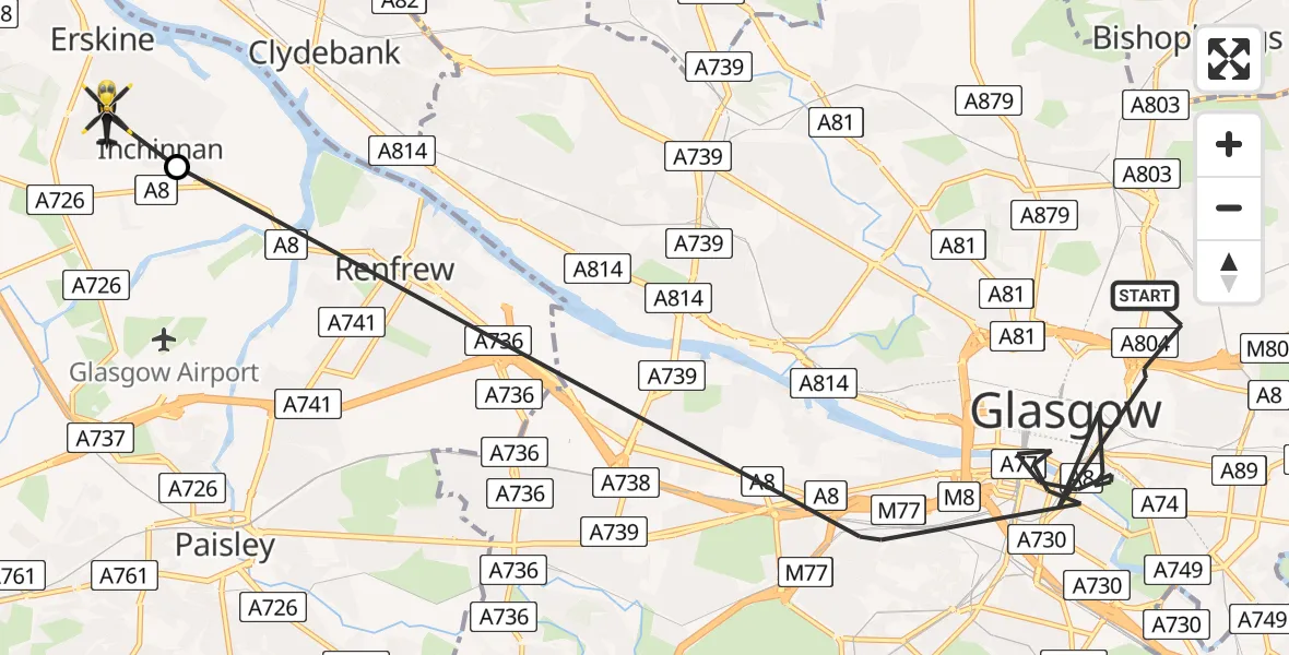 Flight path map showing Police Helicopter route from Glasgow to Erskine