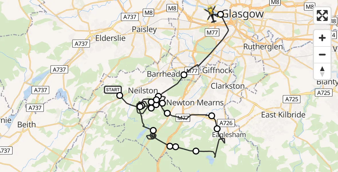 Flight path map showing Police Helicopter route from Shillford to Glasgow City Heliport