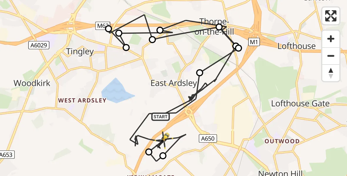 Flight path map showing Police Helicopter route from East Ardsley to East Ardsley