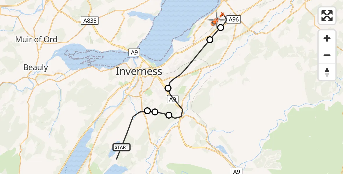 Flight path map showing Coastguard Helicopter route from Inverness to Inverness Airport