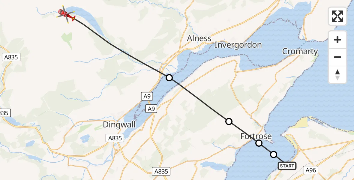 Flight path map showing Air Ambulance Helicopter route from Inverness to Evanton