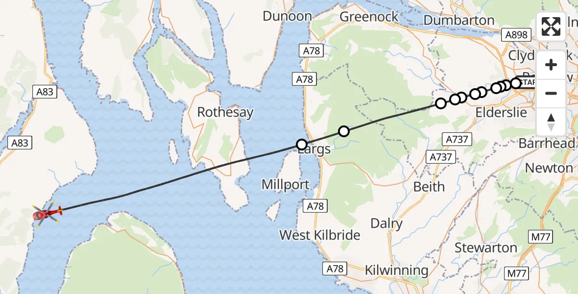 Flight path map showing Air Ambulance Helicopter route from Glasgow Airport to Inner Seas