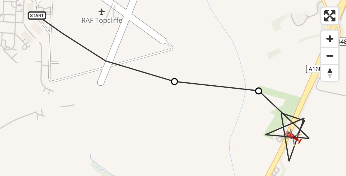 Flight path map showing Air Ambulance Helicopter route from RAF Topcliffe to Topcliffe