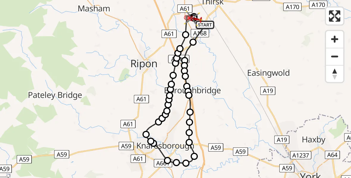 Flight path map showing Air Ambulance Helicopter route from Topcliffe to RAF Topcliffe