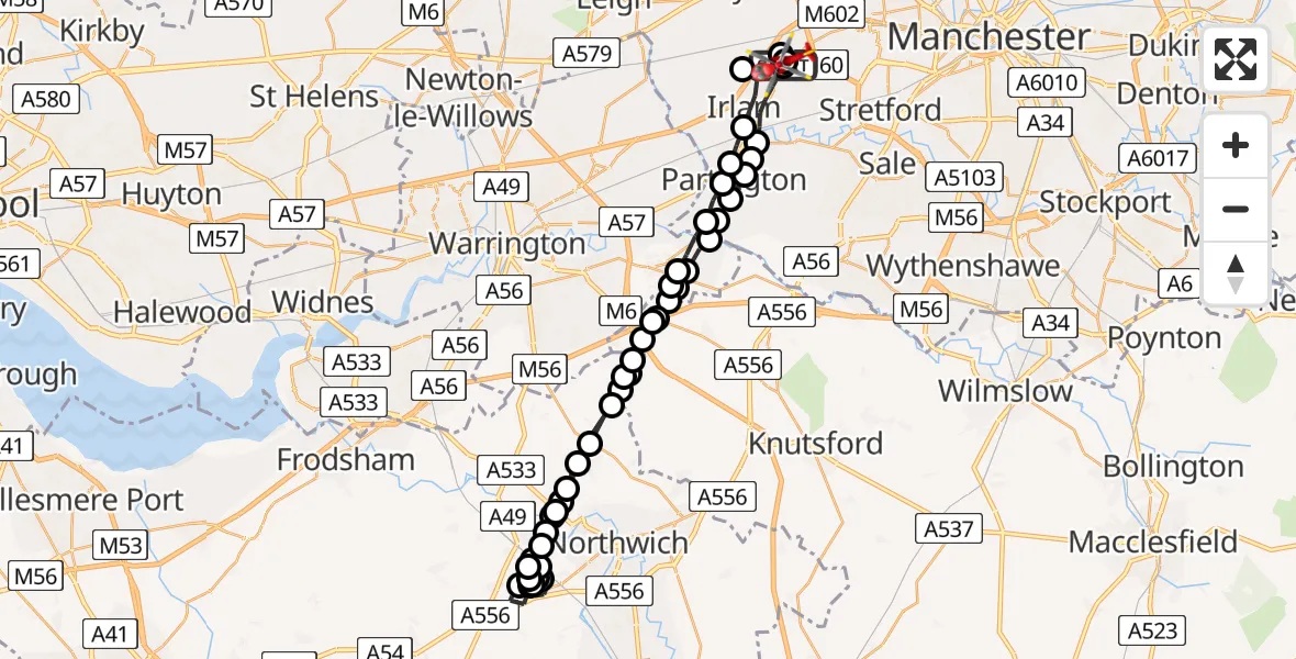 Flight path map showing Air Ambulance Helicopter route from Manchester Barton Aerodrome to Manchester Barton Aerodrome