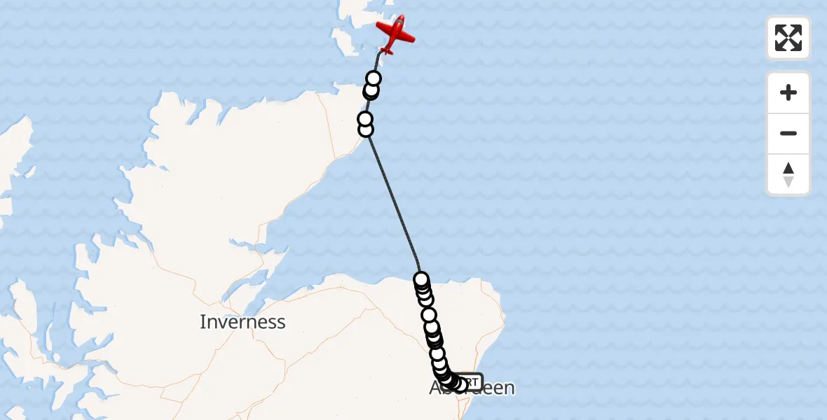 Flight path map showing Air Ambulance Aircraft route from Aberdeen City to North Atlantic Ocean