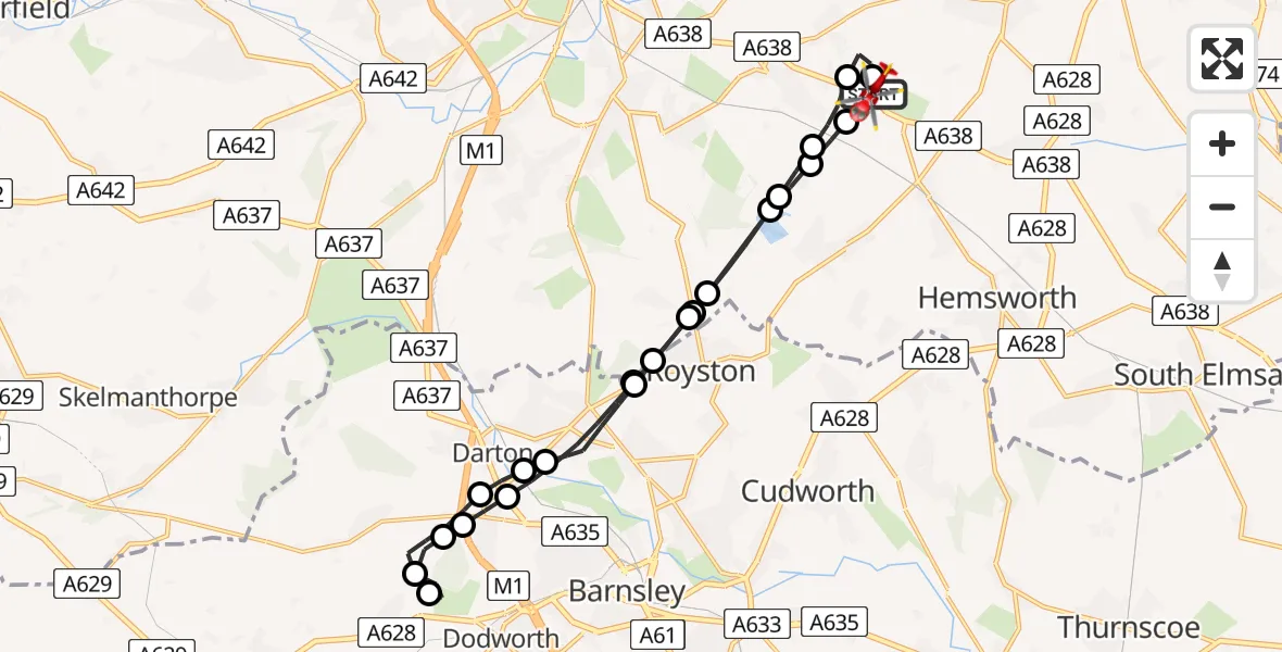 Flight path map showing Air Ambulance Helicopter route from YAA Nostell Helicopter Port to YAA Nostell Helicopter Port