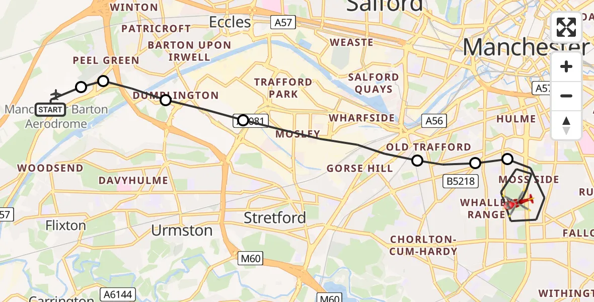 Flight path map showing Air Ambulance Helicopter route from Manchester Barton Aerodrome to Manchester