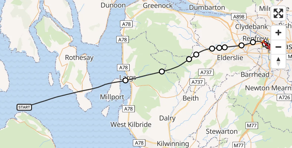 Flight path map showing Air Ambulance Helicopter route from Inner Seas to Queen Elizabeth Hospital