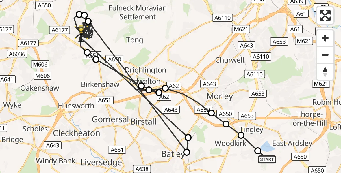 Flight path map showing Police Helicopter route from East Ardsley to Bradford