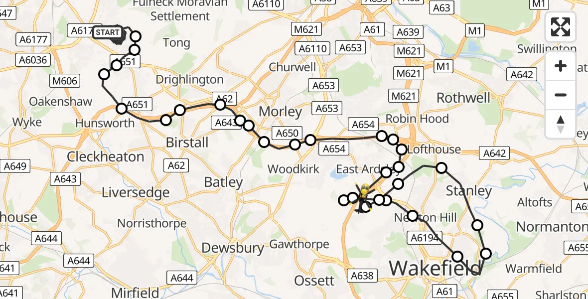 Flight path map showing Police Helicopter route from Bradford to East Ardsley