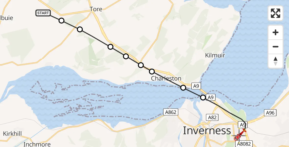 Flight path map showing Air Ambulance Helicopter route from Mulbuie to Inverness