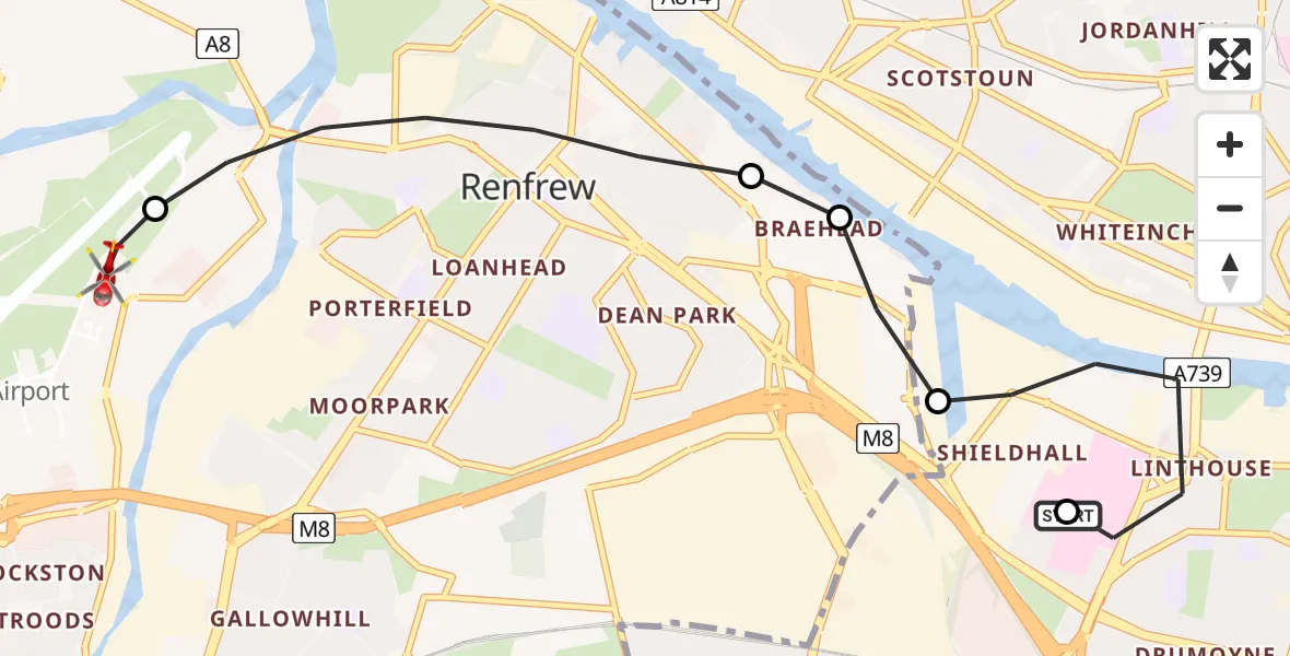 Flight path map showing Air Ambulance Helicopter route from Queen Elizabeth Hospital to Glasgow Airport