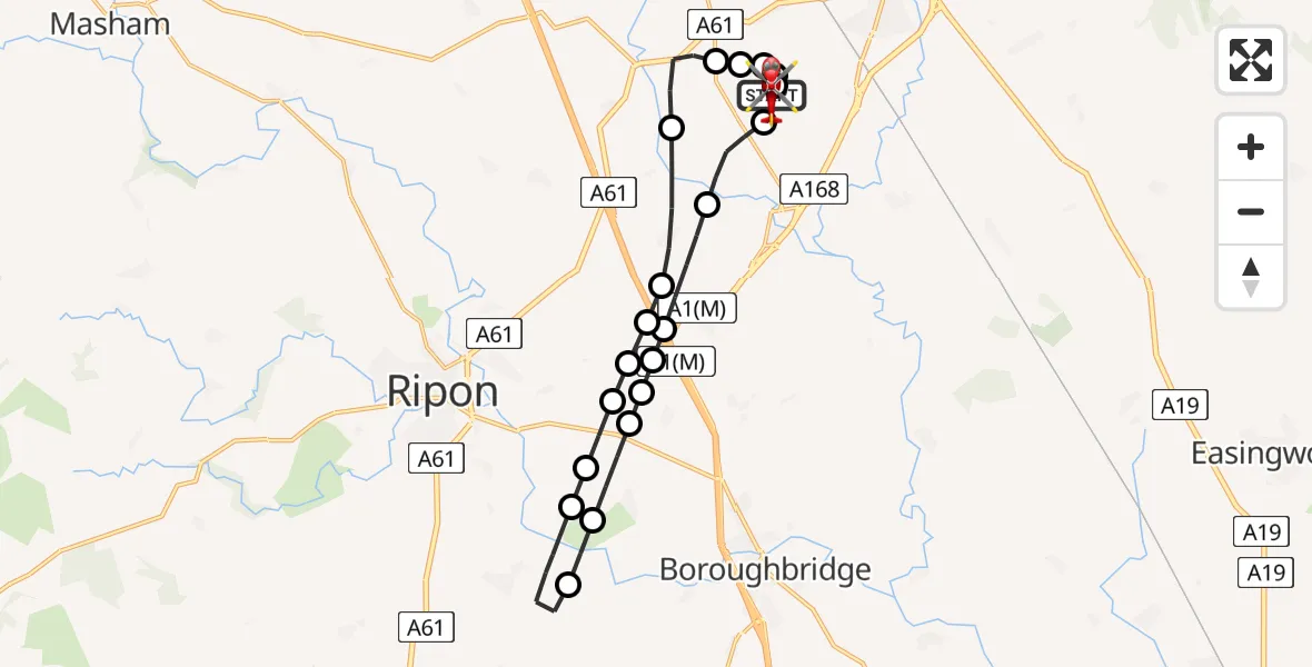 Flight path map showing Air Ambulance Helicopter route from RAF Topcliffe to RAF Topcliffe