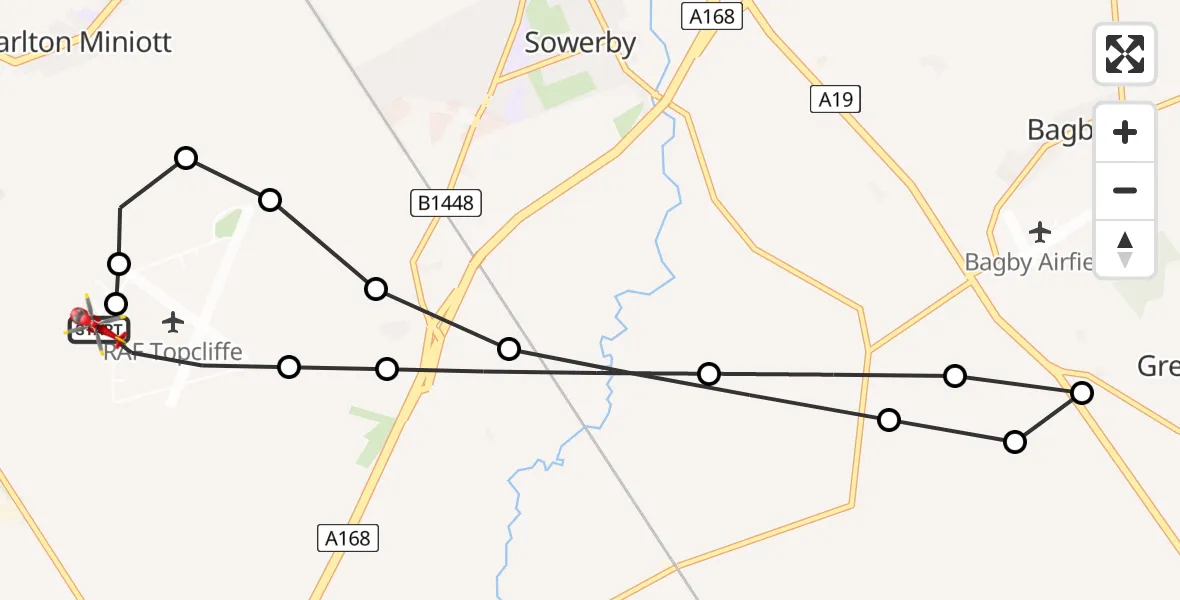 Flight path map showing Air Ambulance Helicopter route from RAF Topcliffe to RAF Topcliffe