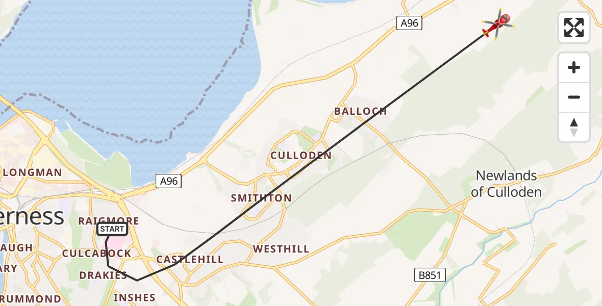 Flight path map showing Air Ambulance Helicopter route from Inverness to Inverness