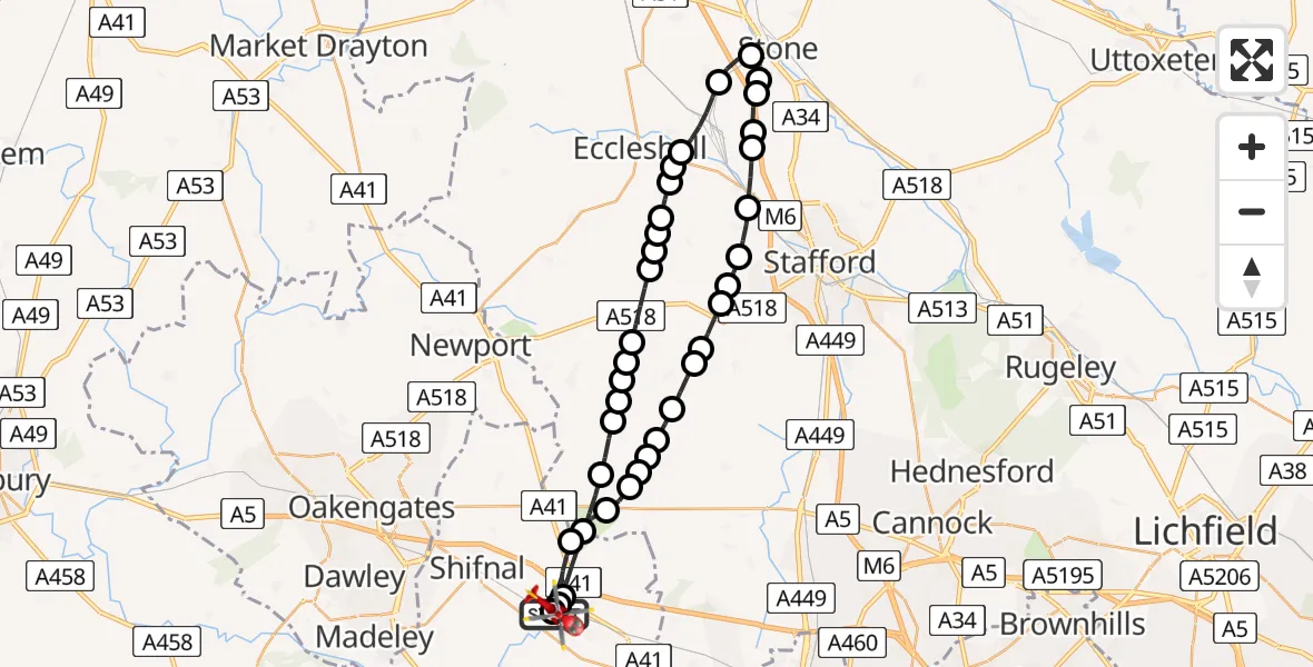 Routekaart van de vlucht: Air Ambulance Helicopter to Cosford, Airbase Avenue