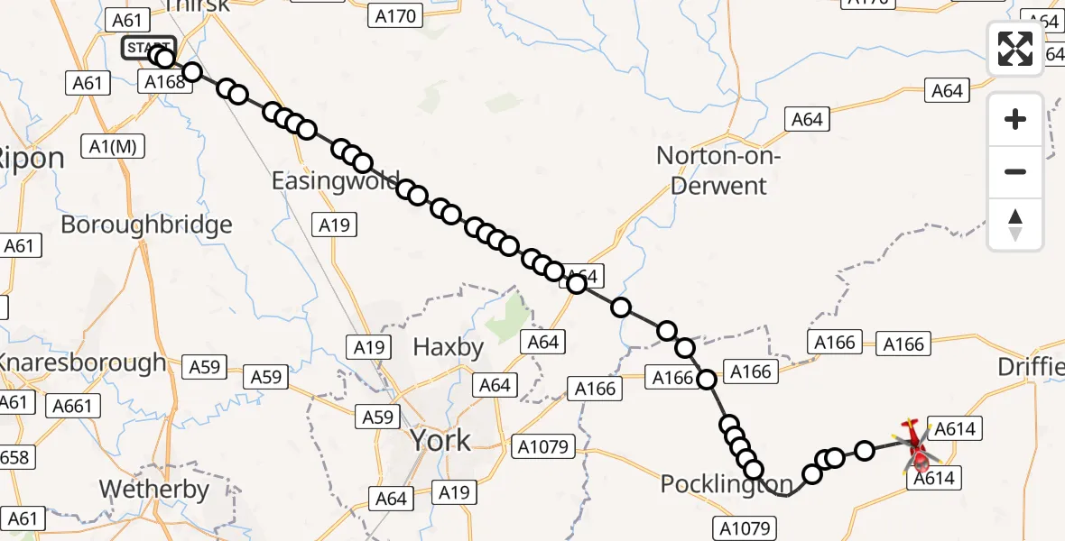 Flight path map showing Air Ambulance Helicopter route from RAF Topcliffe to North Dalton