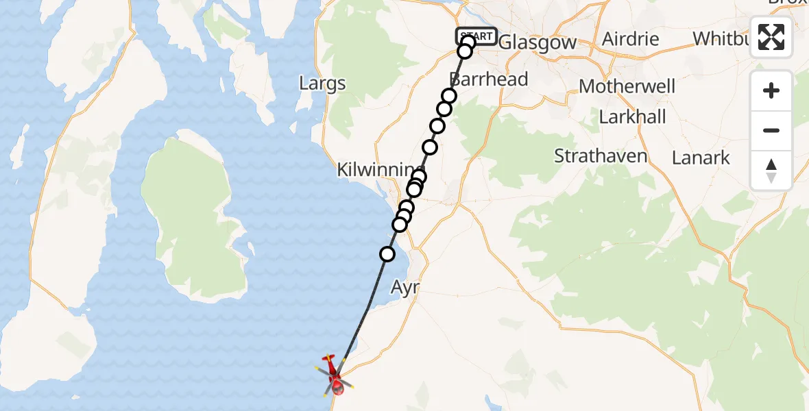 Flight path map showing Air Ambulance Helicopter route from Glasgow Airport to Inner Seas