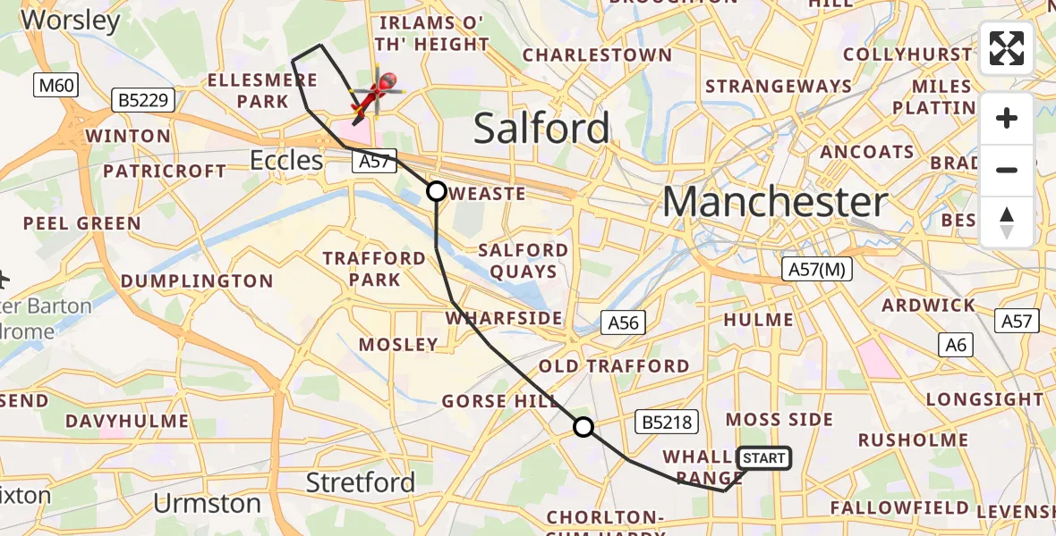 Flight path map showing Air Ambulance Helicopter route from Manchester to Pendlebury