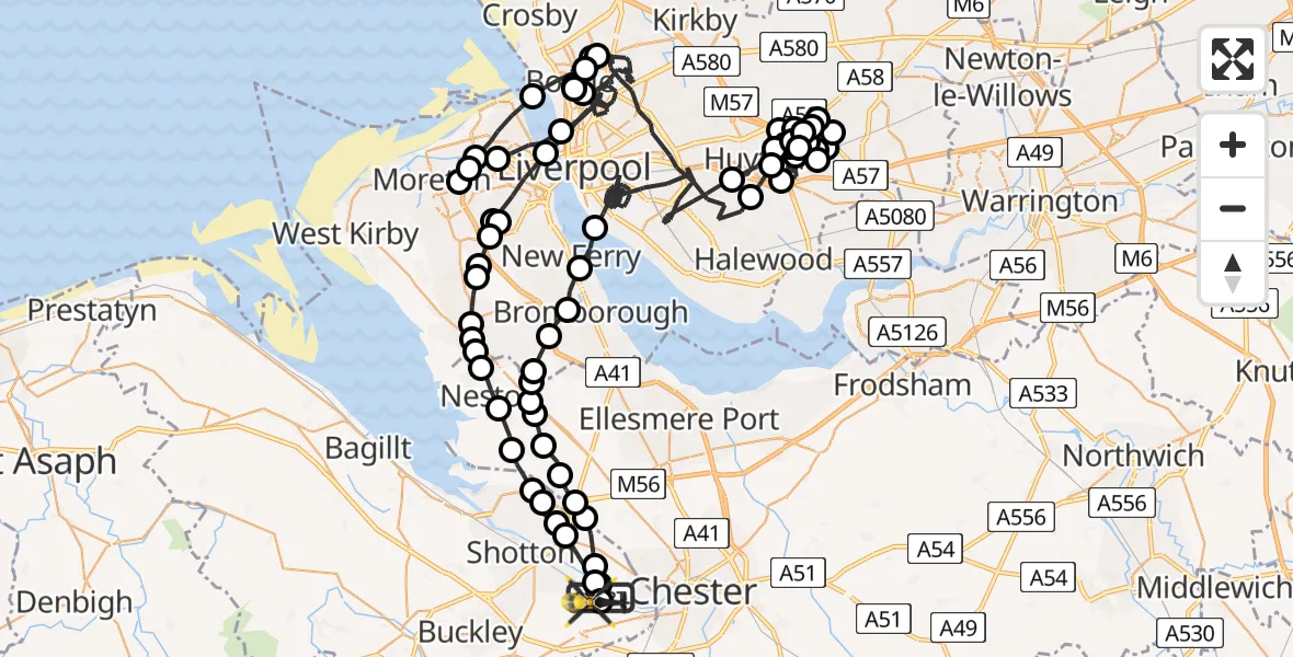 Flight path map showing Police Helicopter route from Hawarden Airport to Hawarden Airport