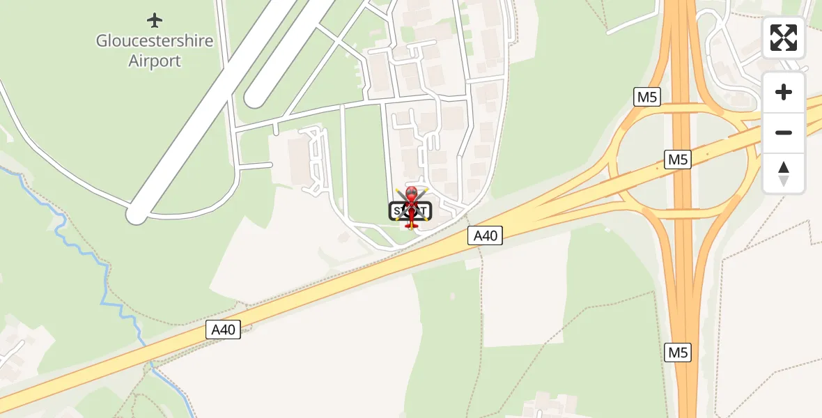 Flight path map showing Air Ambulance Helicopter route from Gloucestershire Airport to Churchdown